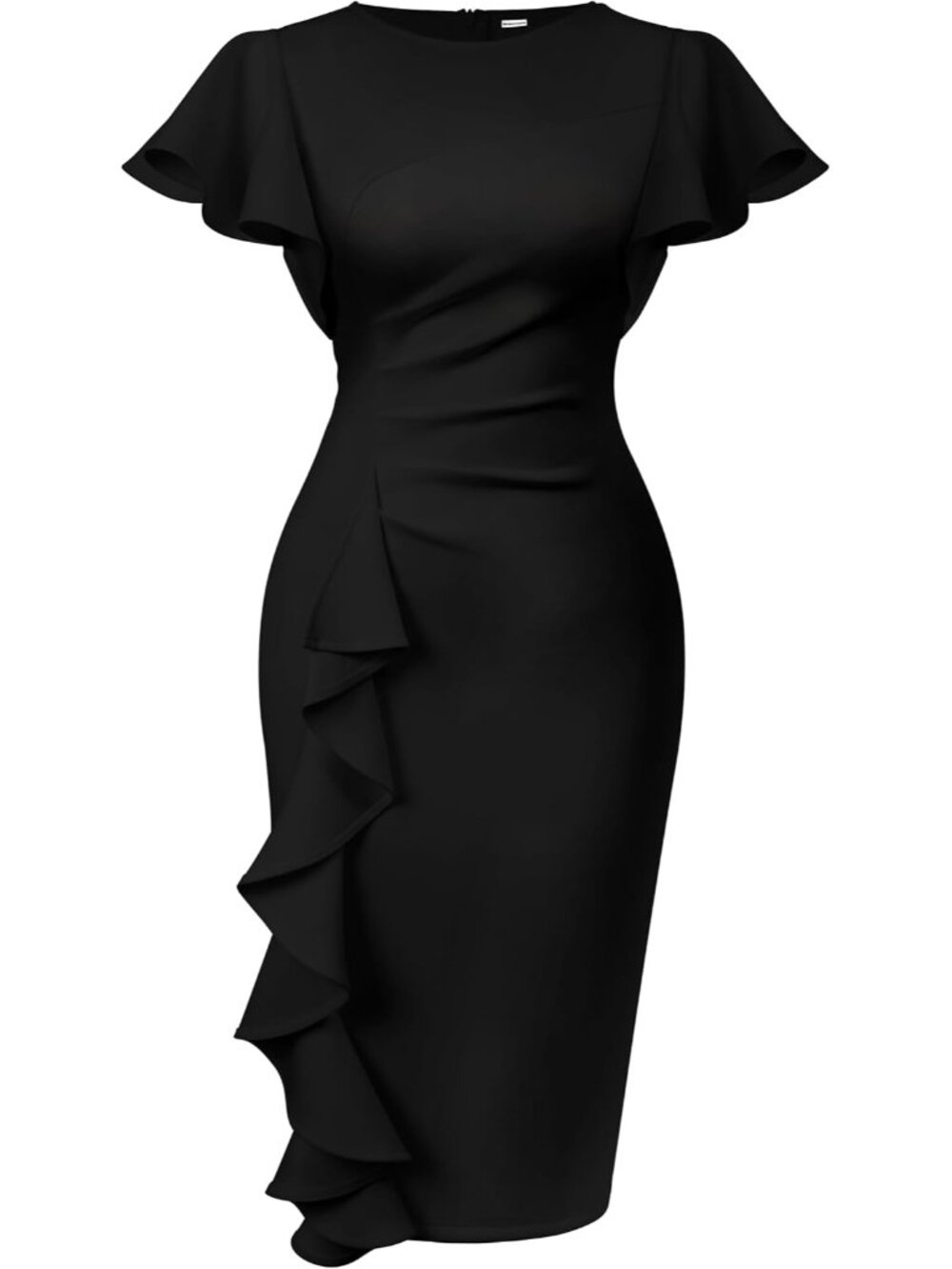 Vintage Women's Ruffle Sleeve Ruched Midi Dress – Elegant & Versatile for Work &